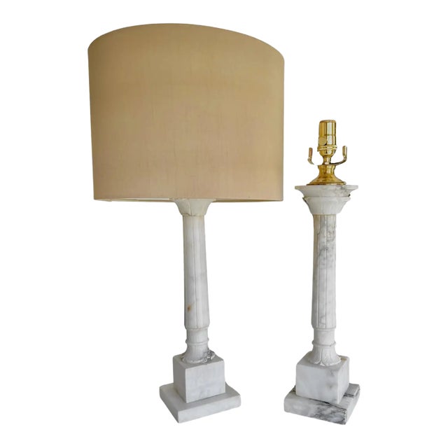 Pair Italian Column Neoclassic Alabaster Table Lamps For Sale