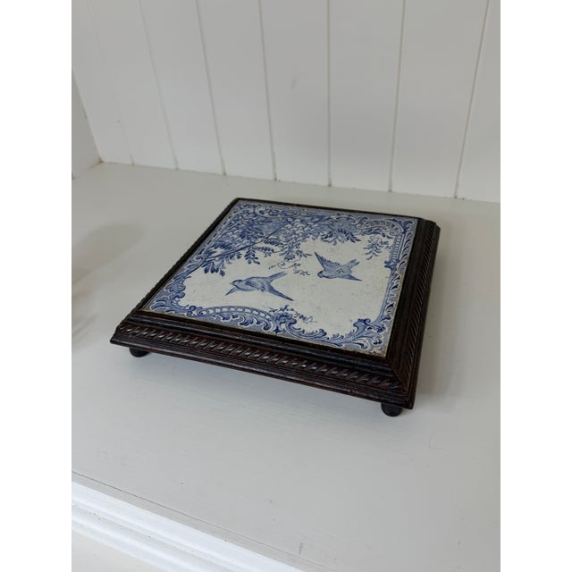 Chinoiserie Vintage French Blue & White Faience Tile Trivet in Carved Wood Frame For Sale - Image 3 of 12
