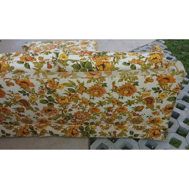 Vintage 1970s Orange / Yellow Floral Textured Skirted Sofa Couch For Sale - Image 4 of 11