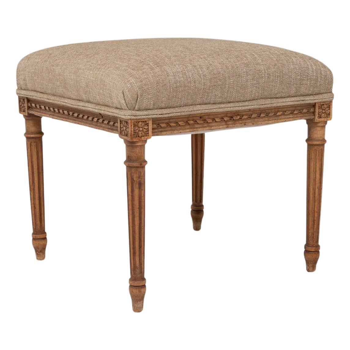 1900s French Louis XVI Upholstered Stool with Carved Legs | Chairish