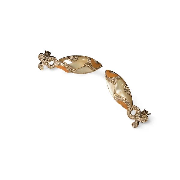 Contemporary Late 20th Century Pair of 14K White Gold Diamond Pink Coral MOP Drop Earrings For Sale - Image 3 of 4