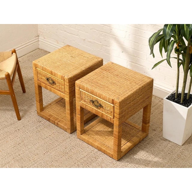 Wood Pair of Vintage Rattan Nightstands With Drawers and Brass-Tone Hardware For Sale - Image 7 of 12
