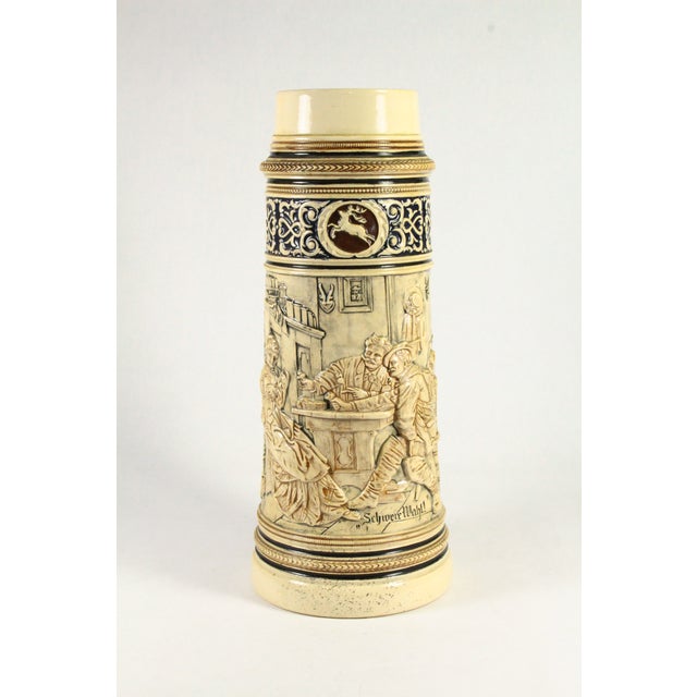 A stunning large beer stein/tankard Salt glaze stoneware with polychrome decoration in high relief A beutiful and very...