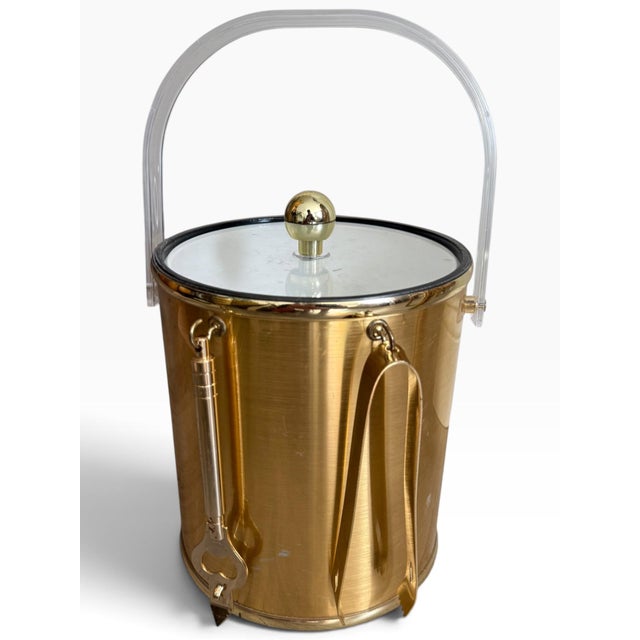 Mid-Century Modern Vintage Mid-Century Modern Gold-Tone Ice Bucket With Lucite Handle, Lid, Tongs & Bottle Opener For Sale - Image 3 of 5