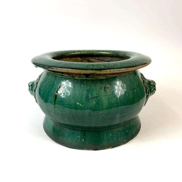 Mid 19th Century 19th Century Chinese Green Ceramic Planter With Lion Heads For Sale - Image 5 of 10
