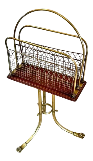 ​​Antique Victorian Brass and Mahogany Revolving Magazine Stand