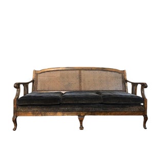 1900s Chippendale Colonial Style Cane Back Carved Wood Blue Fortuny Style Velvet Fabric Settee Antique Sofa or Daybed For Sale