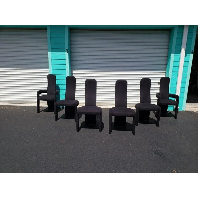 These statuesqe set of six Postmodern long back chairs, four side chairs and two armchairs. They each have tall, narrow...
