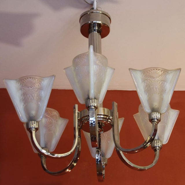 Rare ceiling light from Henri Petitot with 6 opalescent glass pulps in best! The opalescent glasses generate subtle,...
