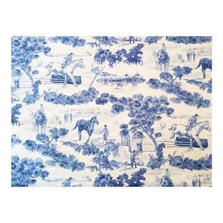 10 Yds. Rare Ralph Lauren “And They’re Off” Equestrian Toile Blue White Fabric For Sale