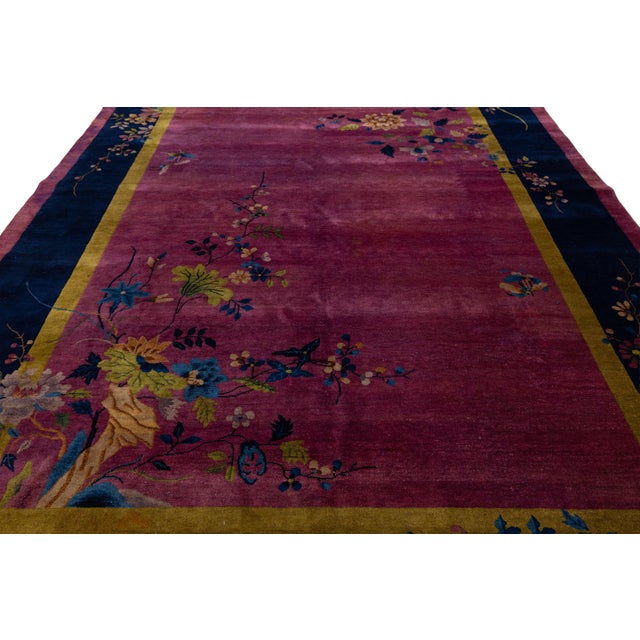 Textile 1920s Antique Chinese Art Deco Rug With Floral Branches in Magenta and Navy Blue For Sale - Image 7 of 13