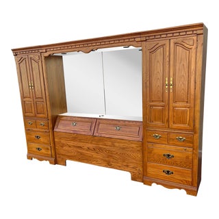 Thomasville Illuminated Oak Queen Bed Unit- Headboard, Bridge, Nightstand Armoires, and Mirror For Sale