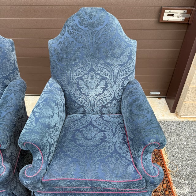 American Vintage Baker Furniture William and Mary Walnut, Blue Damask Custom Built High Seat Throne Lounge Chairs - A Pair For Sale - Image 3 of 18