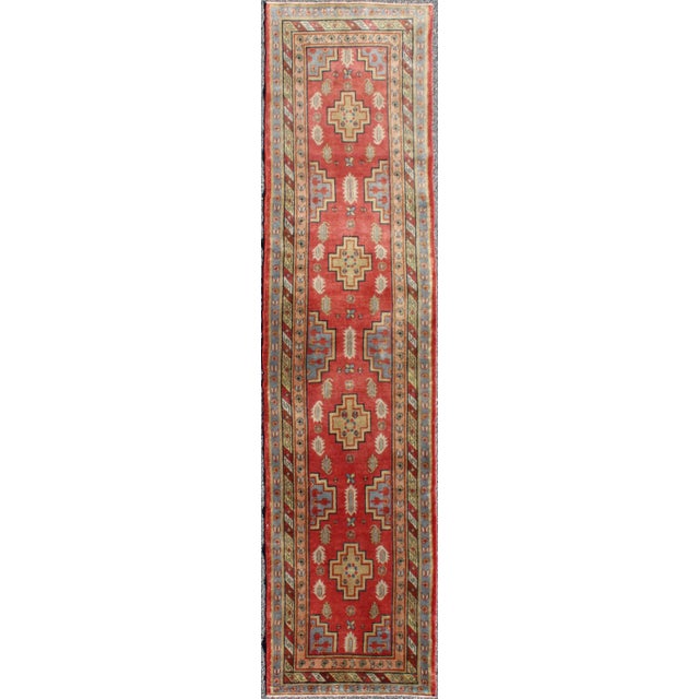Red Antique Khotan Runner From Turkestan With Geometric Medallions in Red Background For Sale - Image 8 of 8
