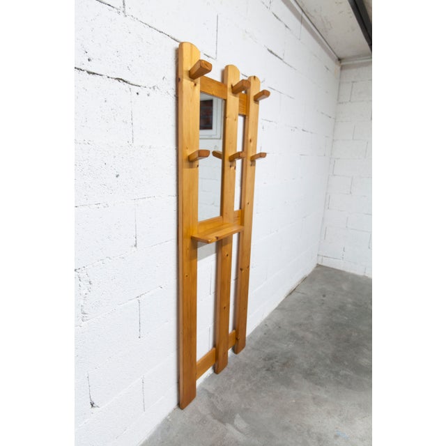 Vintage Wall-Mounted Coat Rack in Pine with Mirror, 1970 For Sale - Image 4 of 17