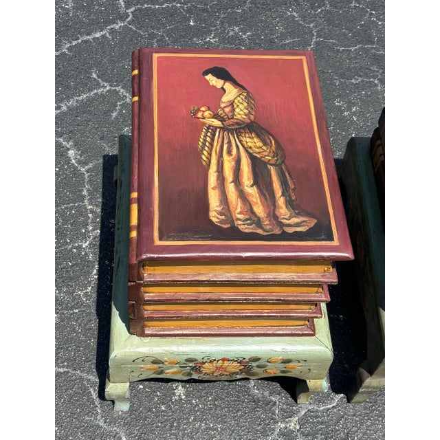 Wood Pair of Vintage Faux Book Storage End Tables, Hollywood Regency Coastal For Sale - Image 7 of 8