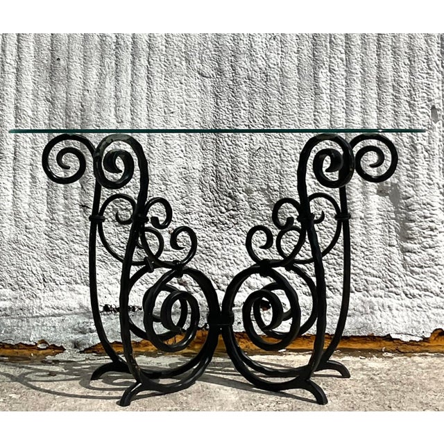 Hollywood Regency Vintage Scroll Wrought Iron Console Table For Sale - Image 3 of 4
