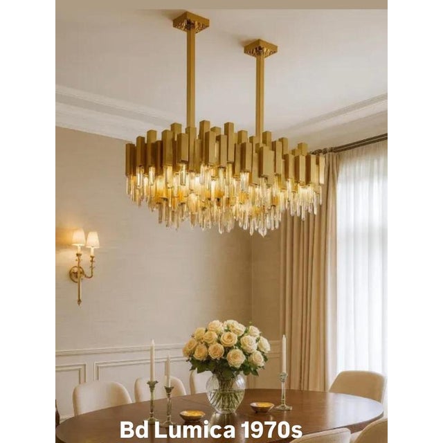 Crystal and Gilt Brass Chandelier attributed to BD Lumica, Spain, 1970s For Sale - Image 3 of 8