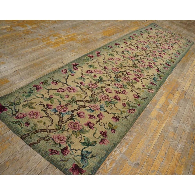American 1930s Ivory Green Tree of Life Folk Art American Hooked Hallway Runner Rug For Sale - Image 3 of 9