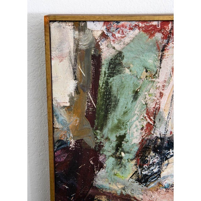 1950s Mid Century Modern Oil Painting Abstract Expressionism Tan Red Yellow Signed For Sale - Image 5 of 12