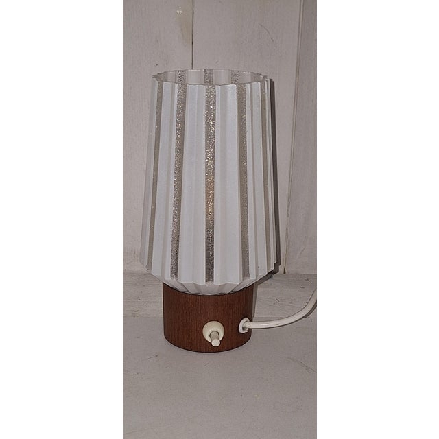 Mid-Century Table Lamp with Teak Base and White Striped Glass Shade, 1960s For Sale - Image 6 of 7