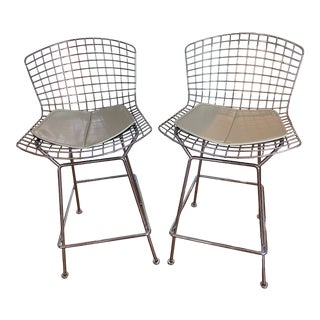 Knoll Harry Bertoia Bar Stools With Knoll Leather Seat - a Pair For Sale