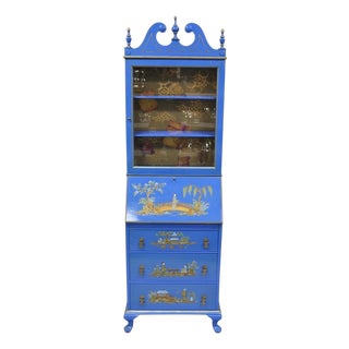 Vintage Chinoiserie Blue Hand Painted Gold Gilt Narrow Bookcase Secretary Desk For Sale