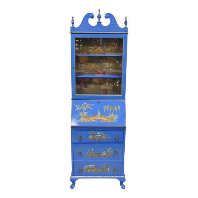 Vintage Chinoiserie Blue Hand Painted Gold Gilt Narrow Bookcase Secretary Desk For Sale