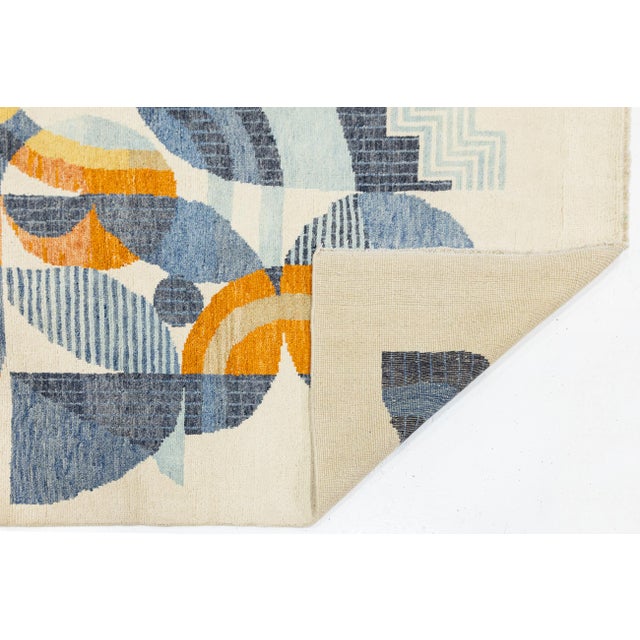 Geometric Abstract Art Deco Inspired 5x8 Wool Area Rug in Soft Cream For Sale - Image 4 of 9