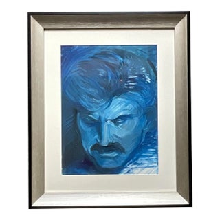 Vintage Signed Blue Expressionist Male Portrait Oil Painting For Sale