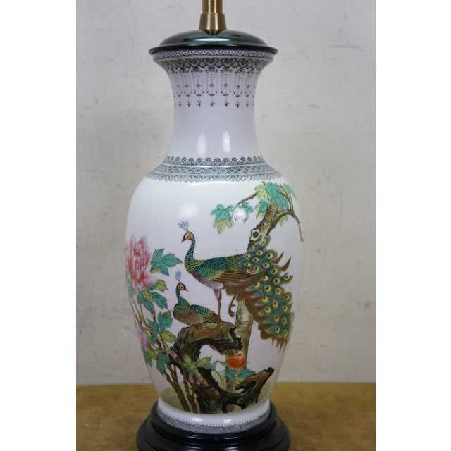 Mid 20th Century Marbro Chinese Famille Rose Porcelain Peacock Vase 2 Light Pull Chain Lamp 31" For Sale - Image 12 of 18