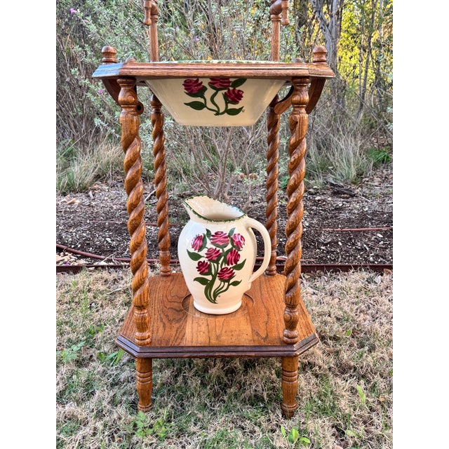 Victorian Vintage Victorian Style Oak Barley Twist Washstand With Mirror - Cow Creek Pottery Pitcher and Bowl Included For Sale - Image 3 of 9