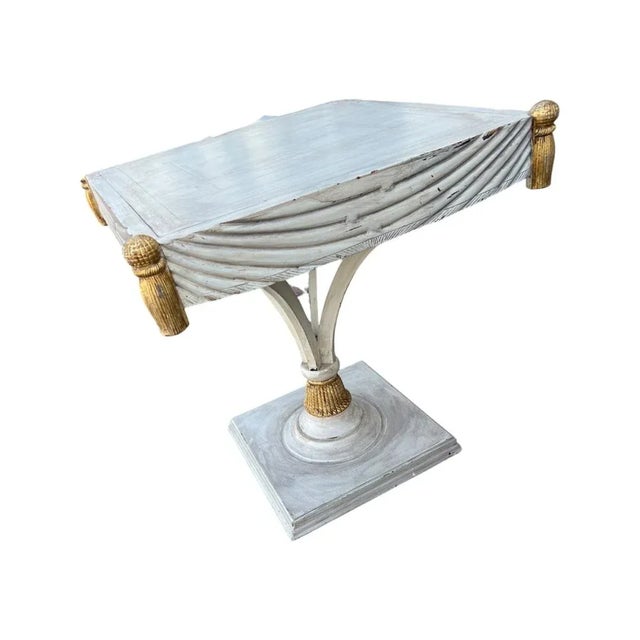 Vintage Italian Wood with Patina Accent Table with design of Curtains around and gilt Pom Poms in Its 4 Corners