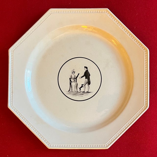 Antique 19th century French Montereau creamware octagonal plate. Decorated with silhouettes and with relief molded beading...