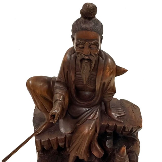 Mid-20th Century Chinese Wooden Carved Jiang Taigong Fishing Statue For Sale - Image 9 of 13
