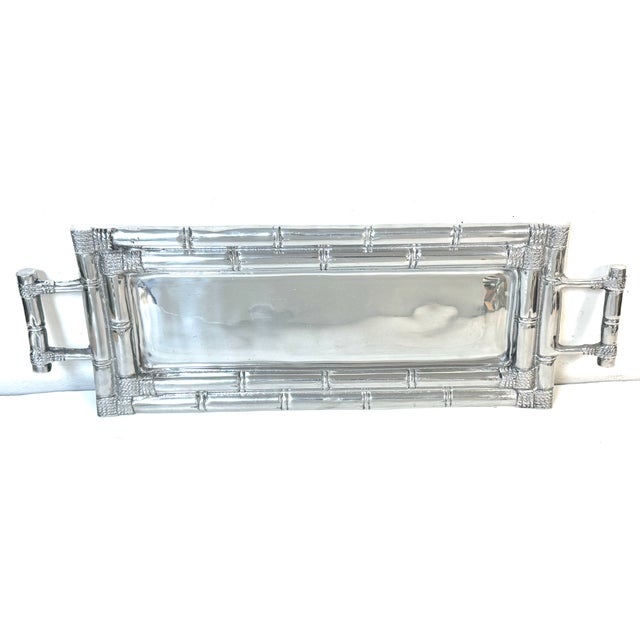 Silver Arthur Court Attributed Faux Bamboo Cast Pewter Gallery Tray with Handles For Sale - Image 8 of 10