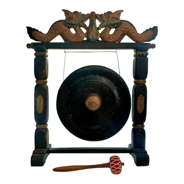 Late 20th Century Asian Gong Hand Carved Wood Dragon Design Decor For Sale