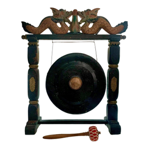 Late 20th Century Asian Gong Hand Carved Wood Dragon Design Decor