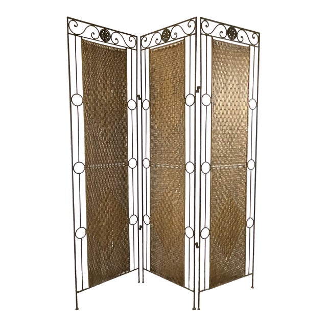 MidCentury Art Deco Metal and Wicker 3Panel Screen Room Divider