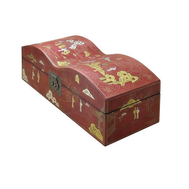 Red Lacquer Chinoiserie-Style Gold Silver Scenery Graphic Rectangular Box For Sale - Image 4 of 13