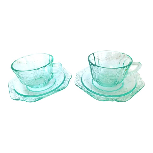 Vintage Indiana Depression Glass Tea Cup and Saucer, Set of Two, Recollection, Teal Blue Madrid Pattern 70's For Sale