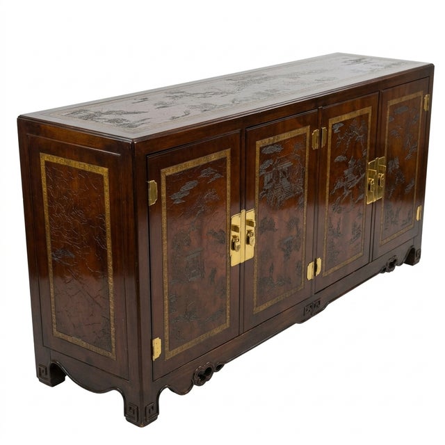 Drexel Heritage 1970s Drexel Heritage Et Cetera Chinoiserie Etched Walnut Burl Sideboard For Sale - Image 4 of 15