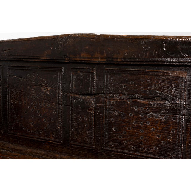 18th Century Spanish Rustic Oak Bench With Carved Panels and Dark Patina For Sale - Image 12 of 18