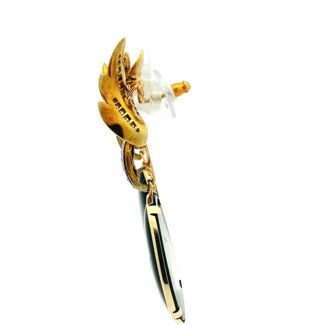 Black 1990s Pair of Italian 18k Gold Onyx and Diamond Drop Statement Earrings For Sale - Image 8 of 11