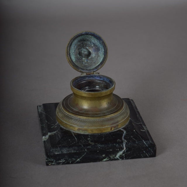 Antique 19th Century Bronze Inkwell with Hinged Lid on Marble Base For Sale - Image 4 of 10