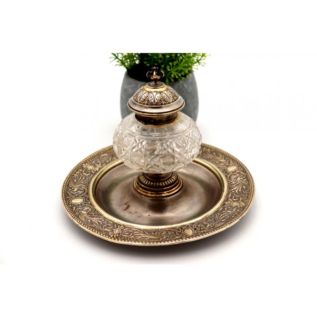 Cut Glass Inkwell with Silver Lid and Knob For Sale - Image 3 of 6