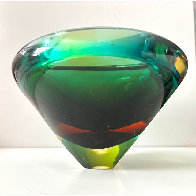 A substantial mid-century Murano art glass bowl with richly layered sommerso color in emerald green, blue-green/teal,...