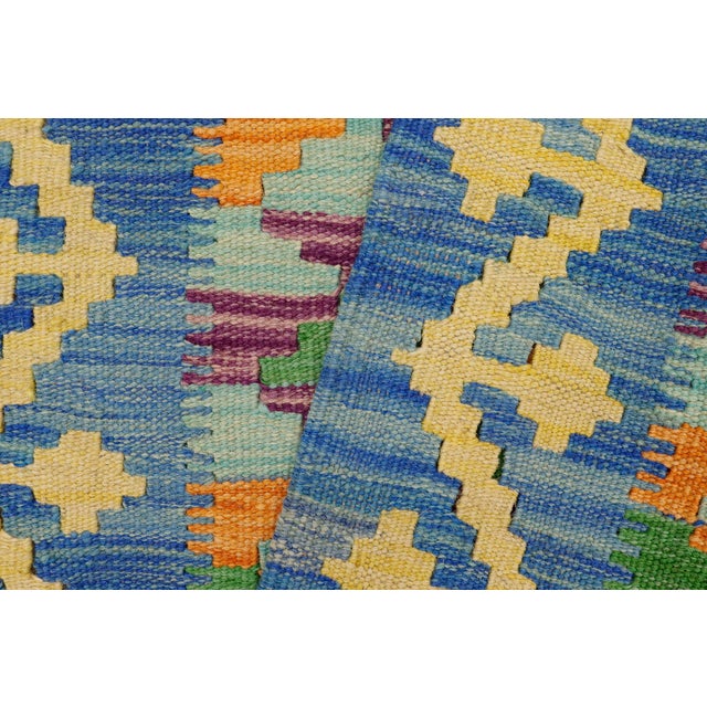 Rustic Turkish Kilim Blue Gold Hand-Woven Wool Rug For Sale In New York - Image 6 of 9