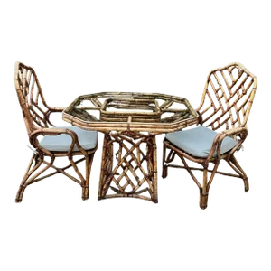1960s Bamboo Dining Table & Matching Chairs in The Style of Louis Sognot, France- Set of 3