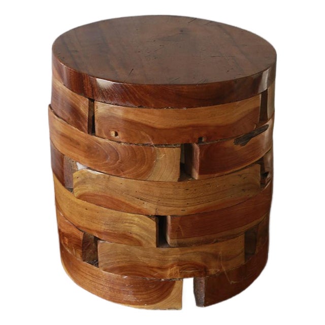 Late 20th Century Stacked Teak Wood Block Round Pedestal Stool Bench For Sale